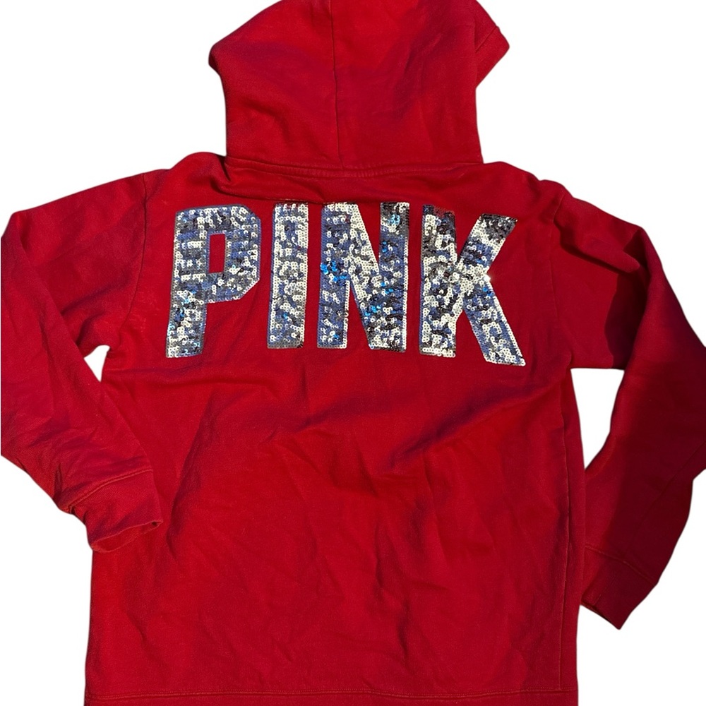 Victoria’s Secret PINK Red Sequin Logo Hoodie Black Fleece Lined